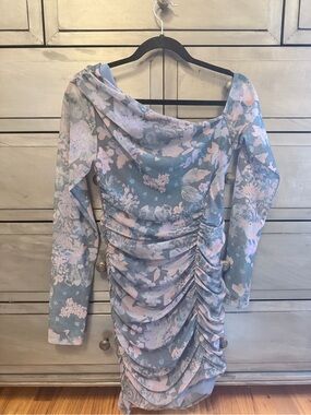 Free People Floral Ruched Off-Shoulder Mini Dress in Dusty Blue and Blush